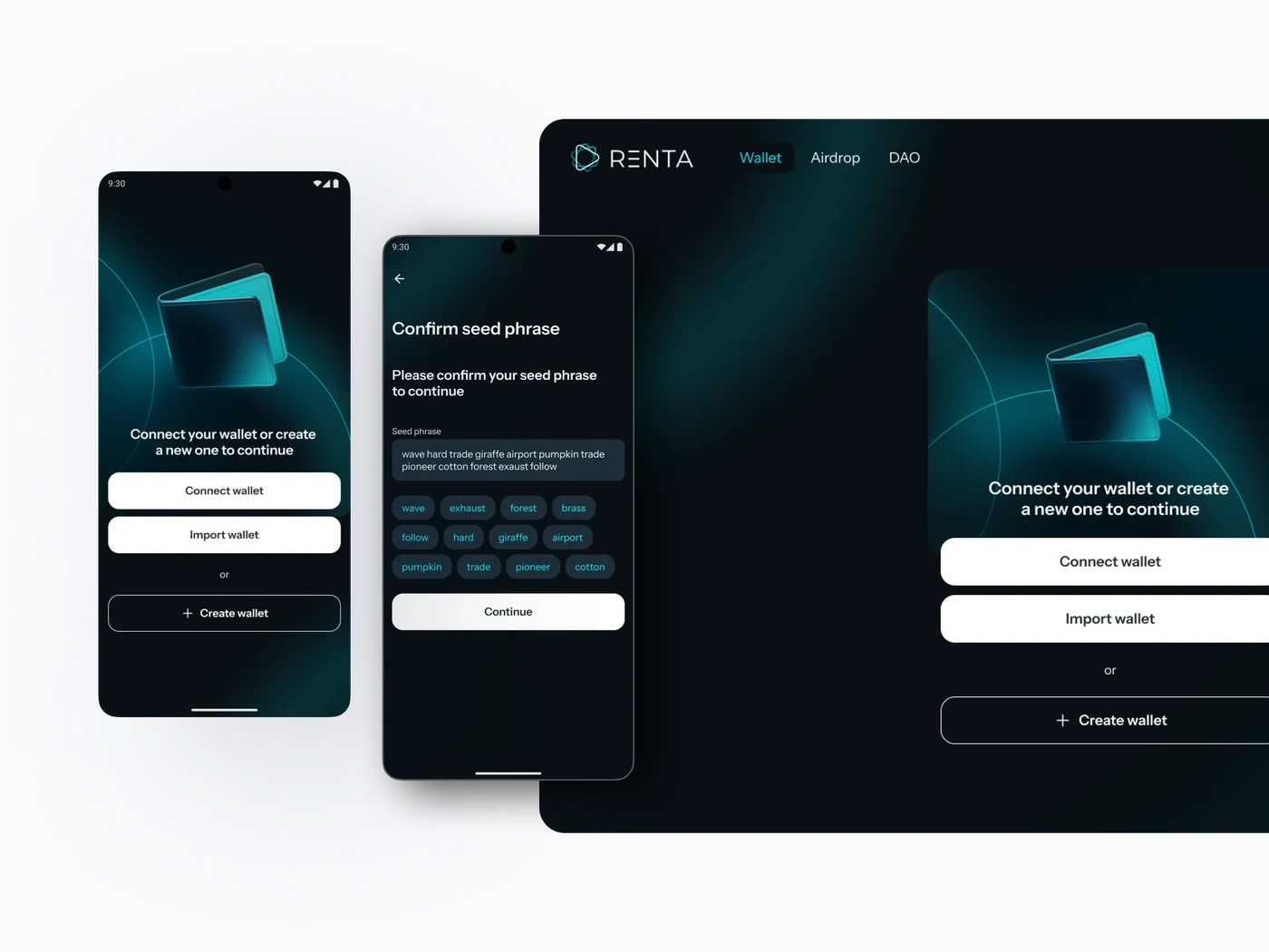 Renta Network wallet screens on a phone