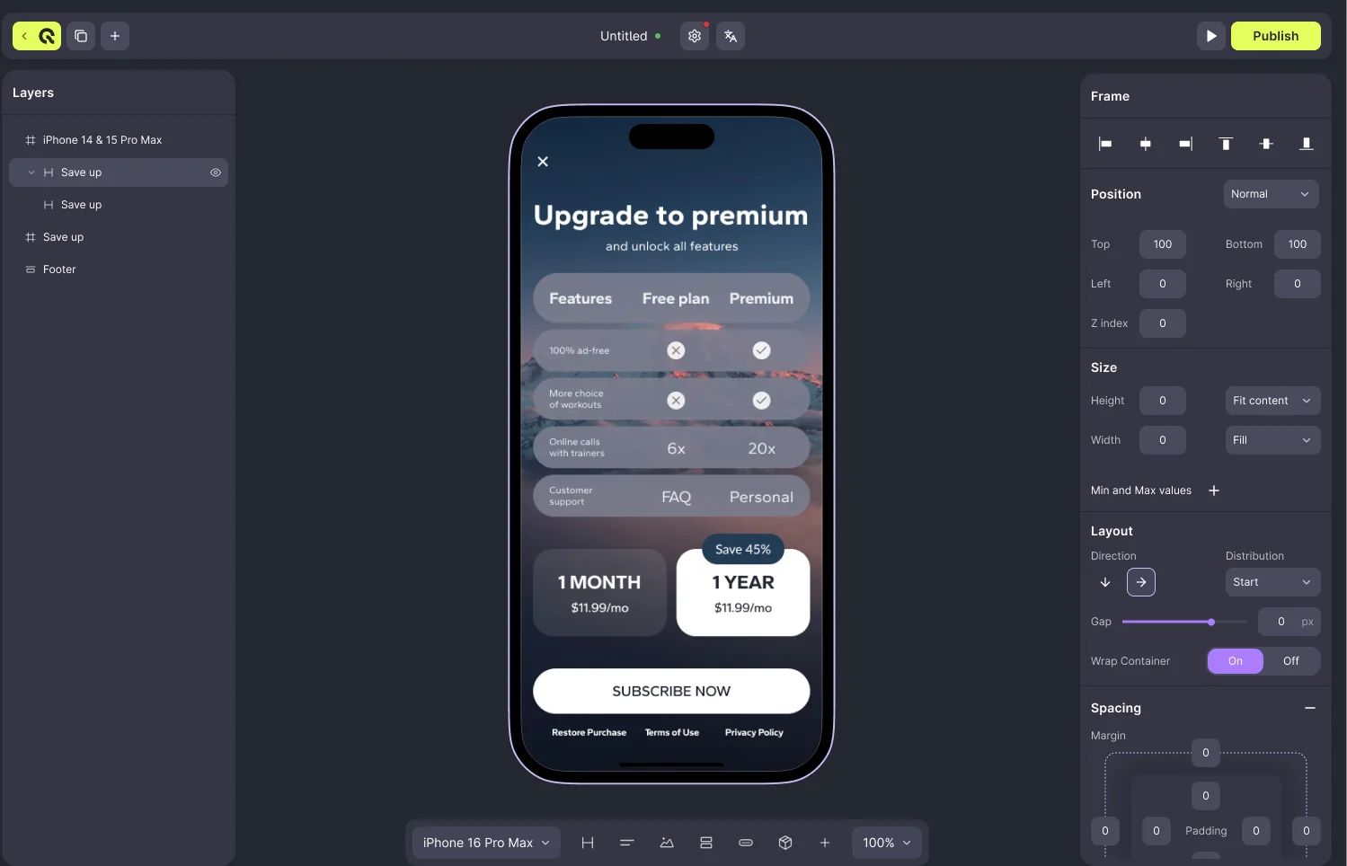The redesigned builder in the dark theme: layers panel, phone canvas with a paywall and the frame settings panel with position, size, layout and spacing controls.