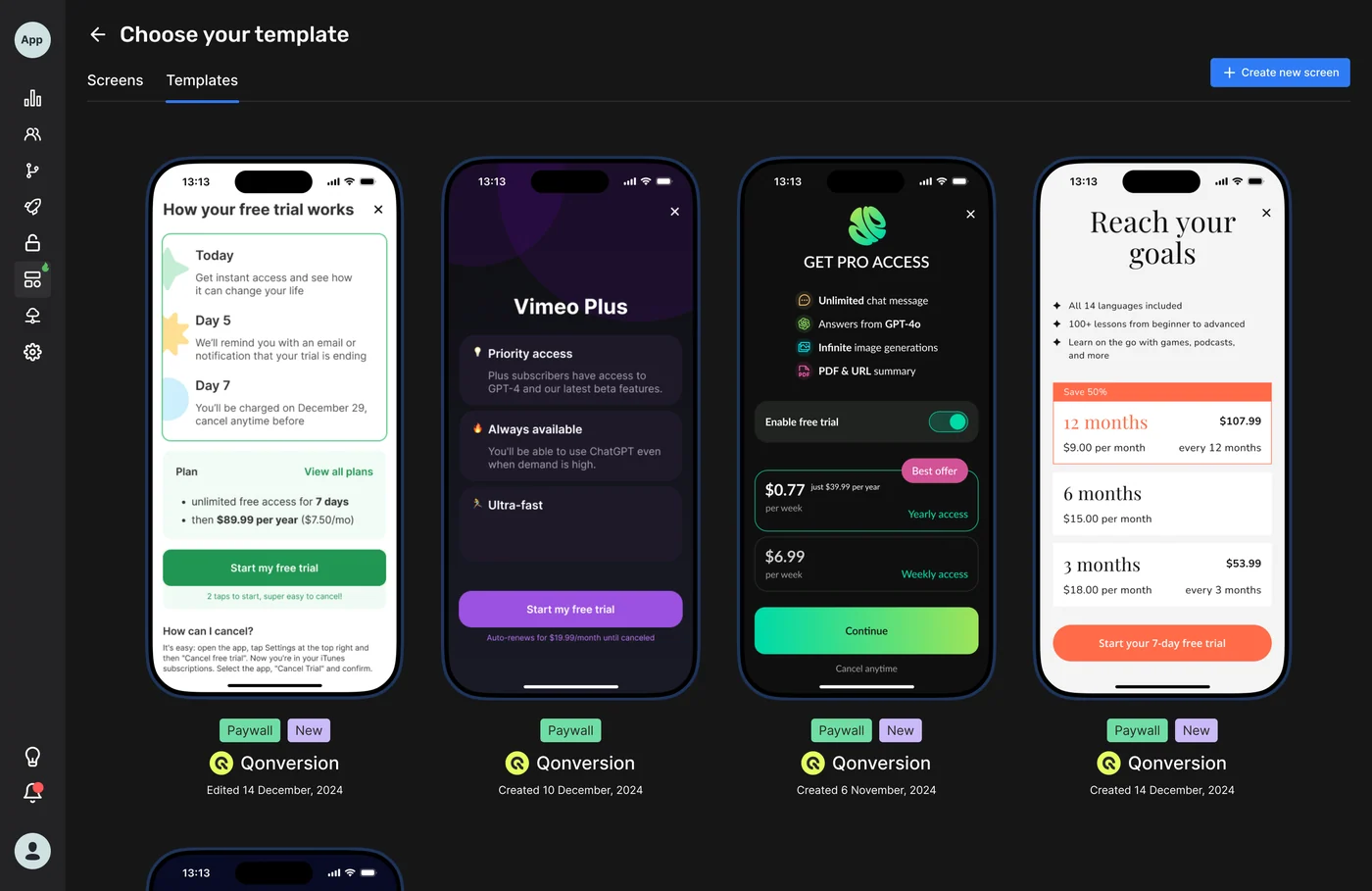 Template gallery of the first builder version: dark modal with paywall template previews.
