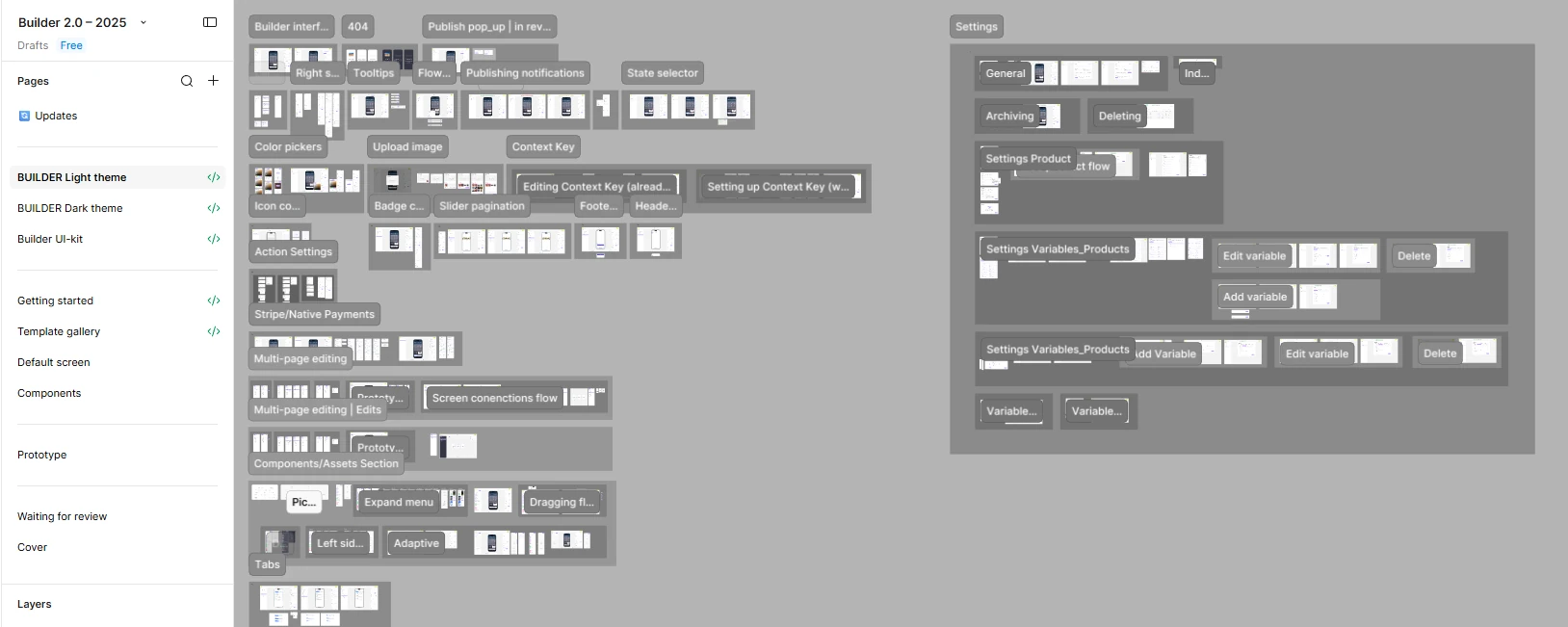 Structure of the builder working file across 2025: pages by theme and feature, ready-for-dev sections and dated update logs.