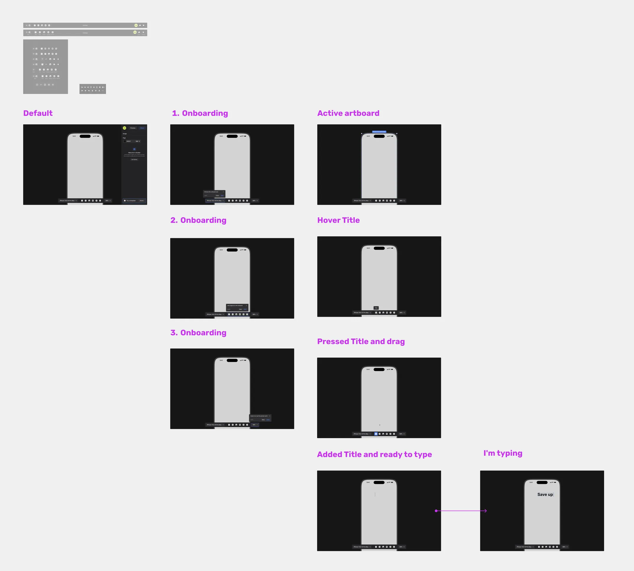 The builder file as I inherited it: about ten mock-ups and a small UI kit of icons and a few components.