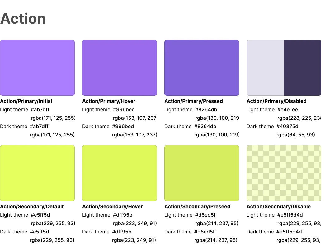 Action tokens: primary and secondary in initial, hover, pressed and disabled states, each with its light-theme and dark-theme value and hex codes.