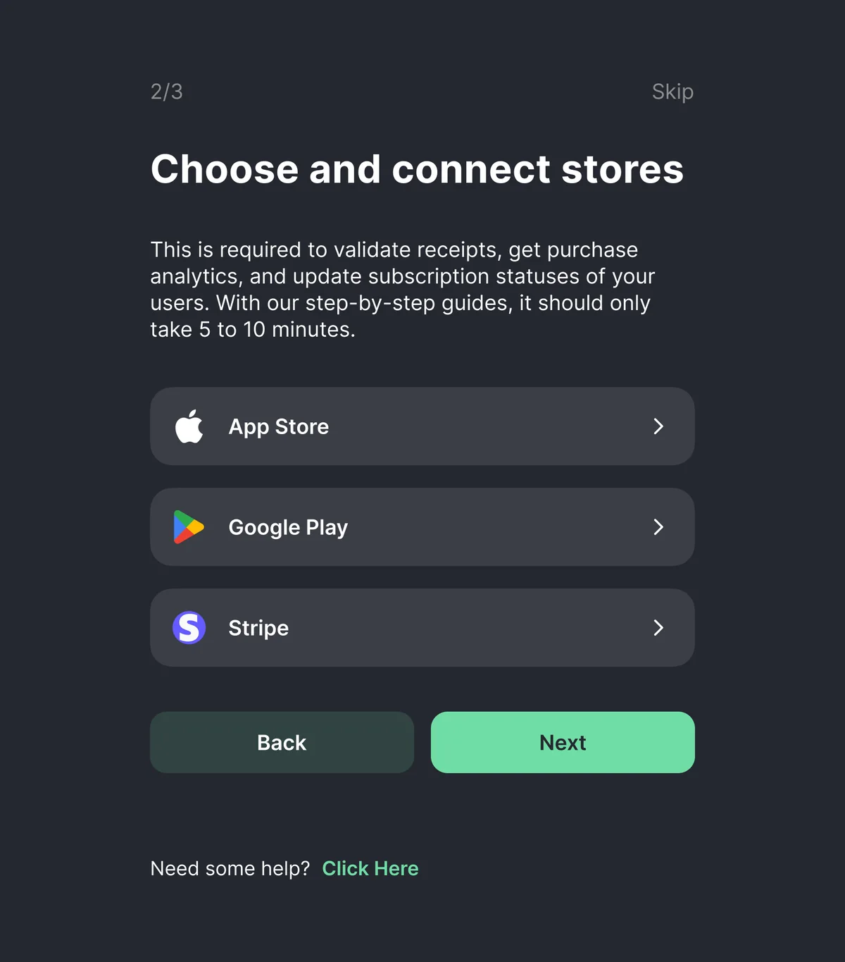 Setup step for connecting App Store, Google Play and Stripe accounts.