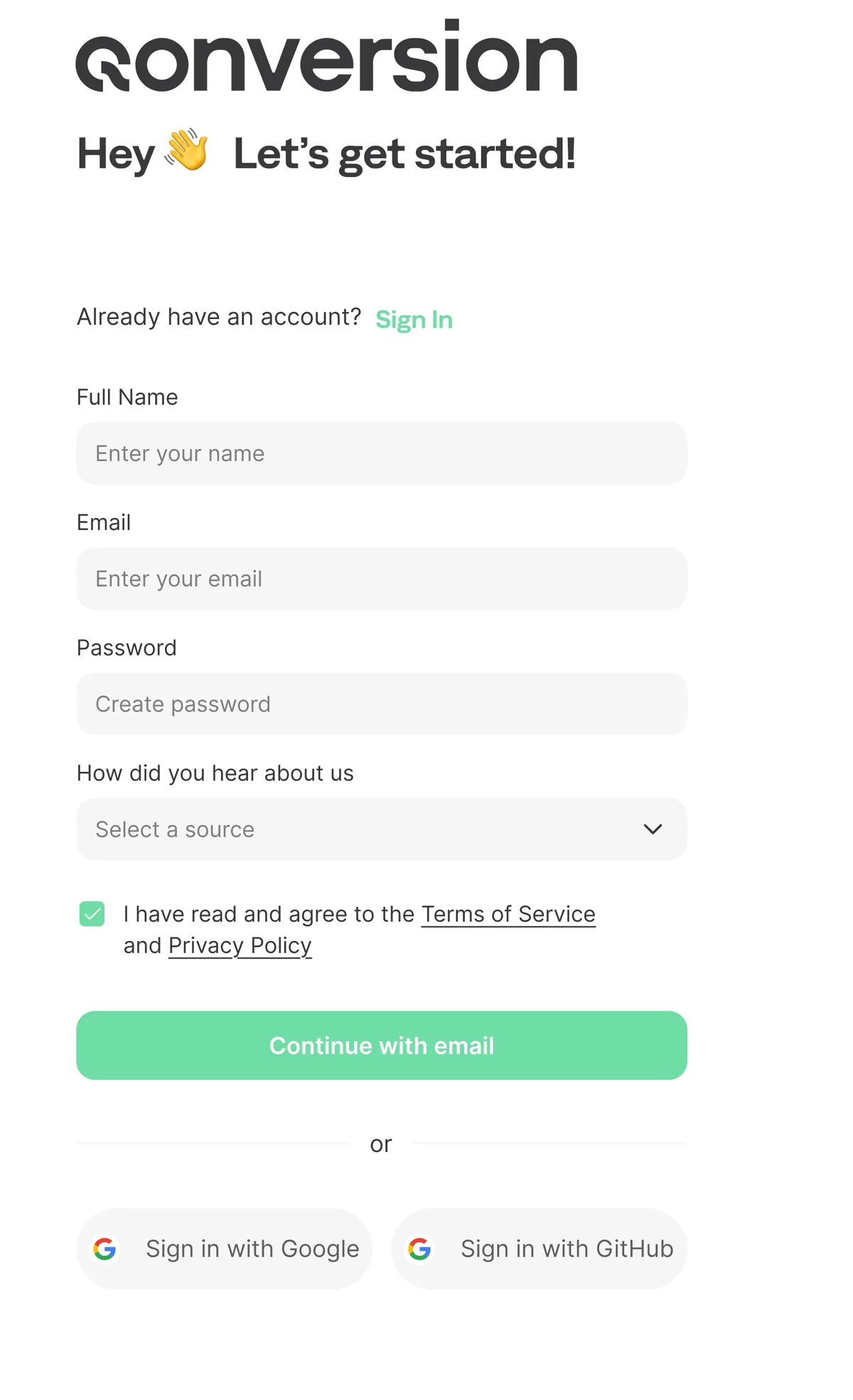 The new sign-up screen in the light theme: email form with OAuth options next to it.