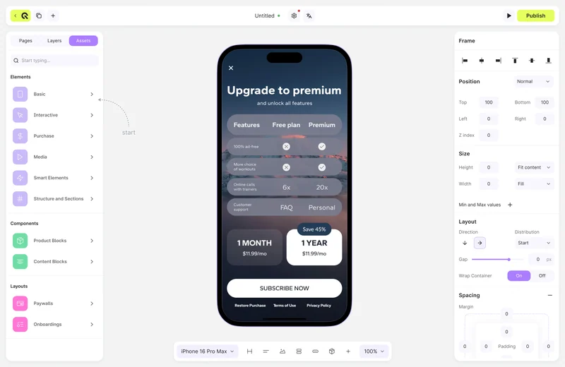 Prototype preview: the assets section with upload and image placement.