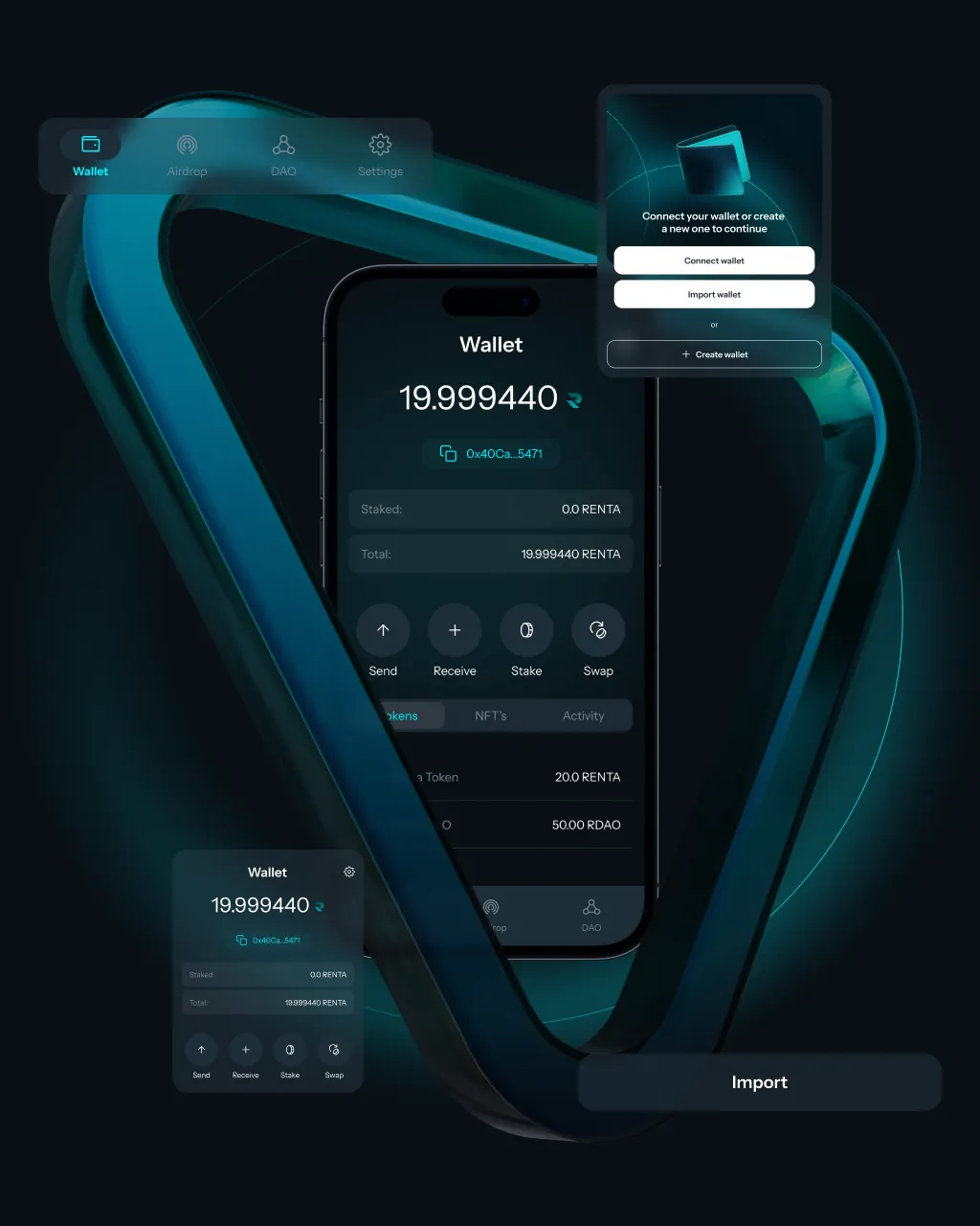 Wallet screen with balance, send, receive, stake and swap actions.