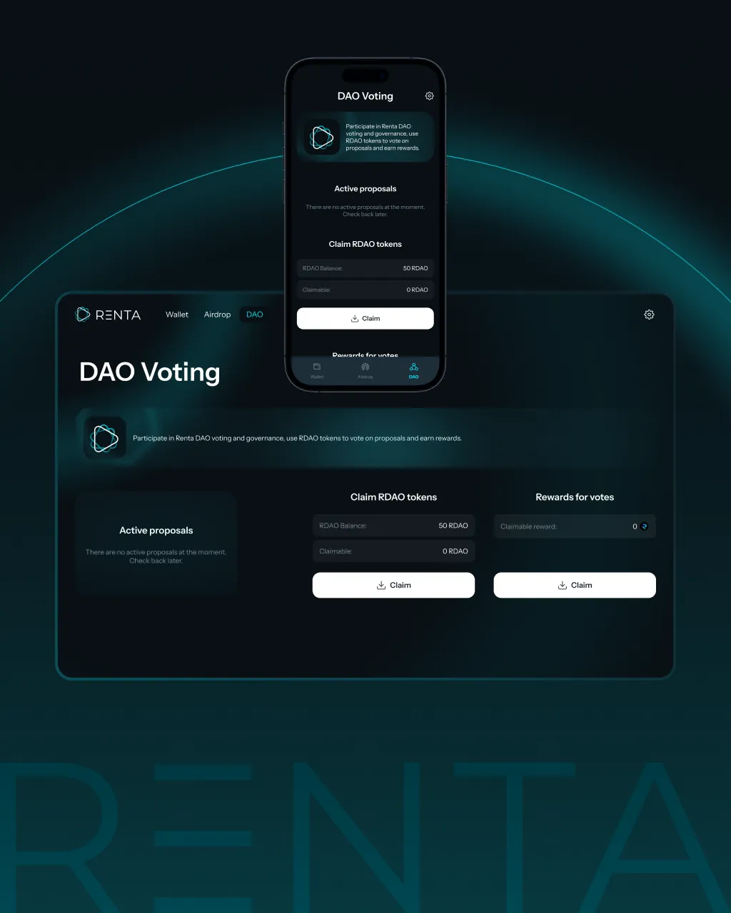 DAO voting screens with active proposals and reward claiming.