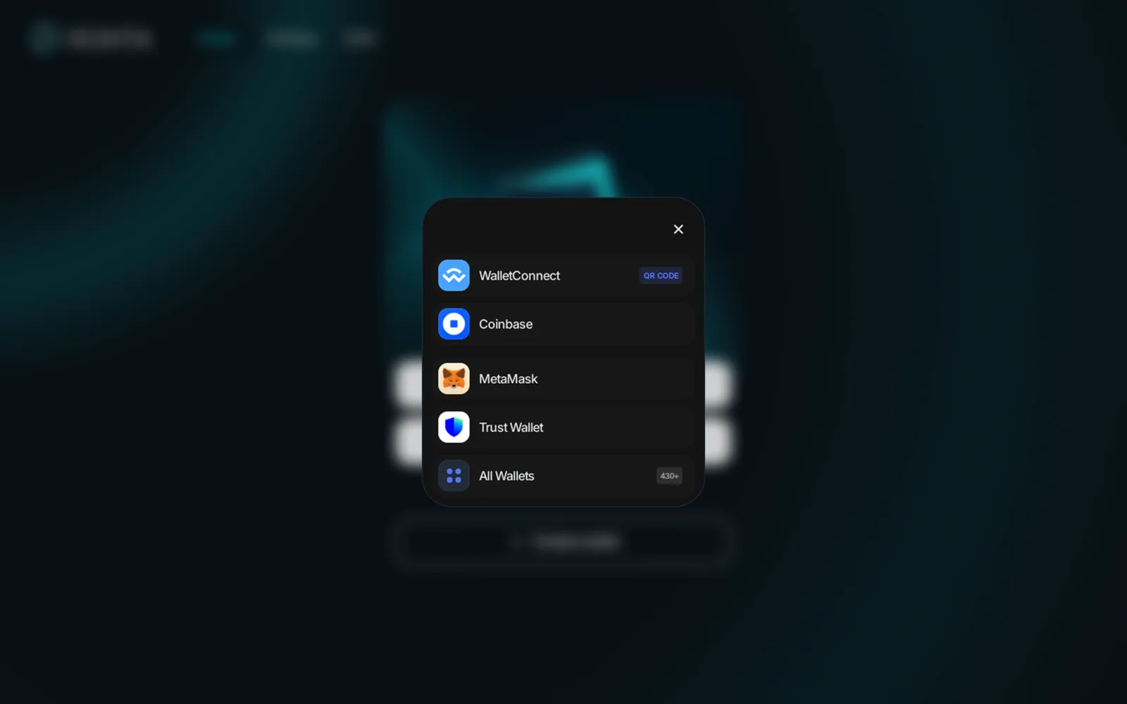 Renta Network, connecting a wallet in dark theme, desktop.