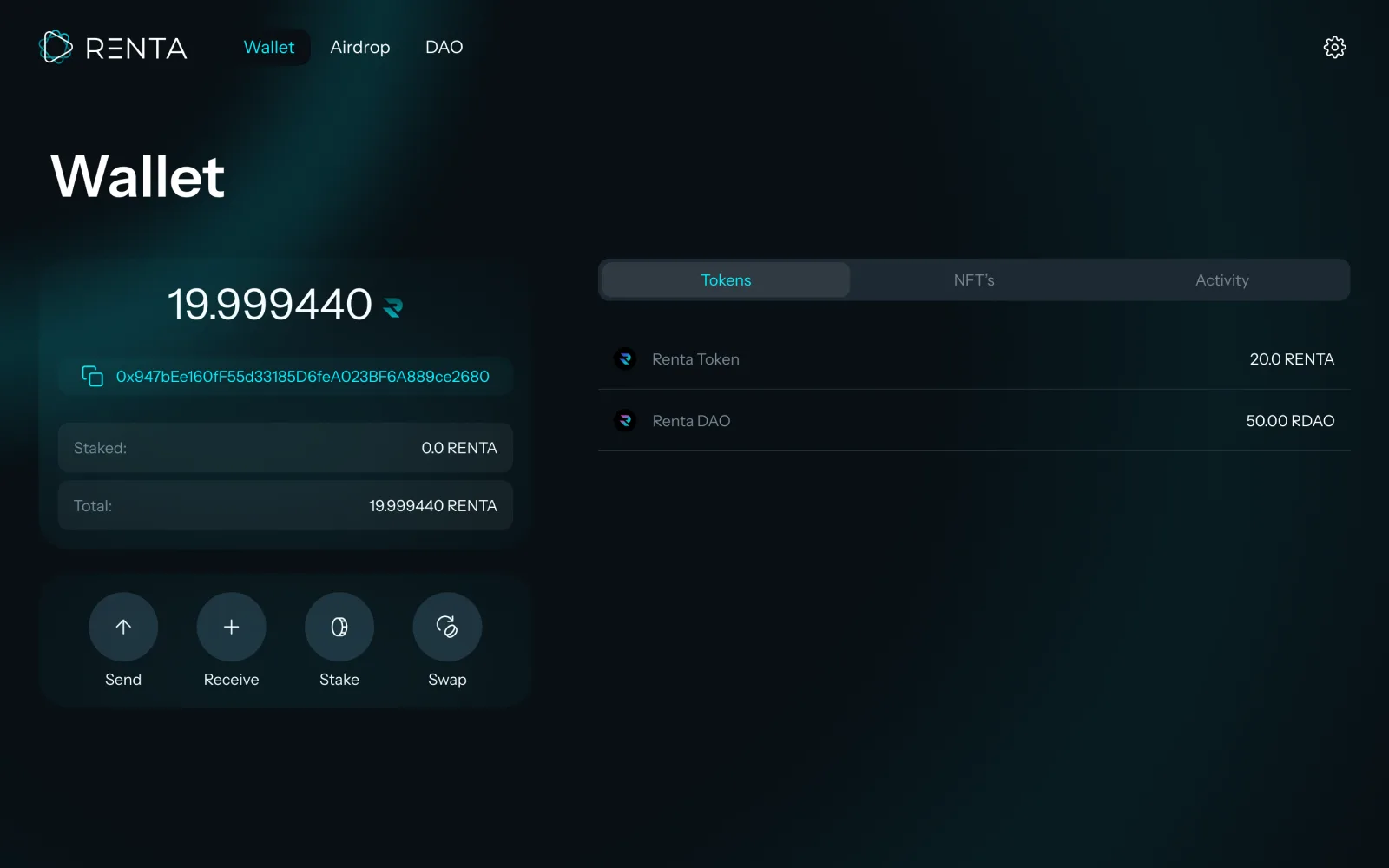Renta Network, the wallet screen with tokens in dark theme, desktop.